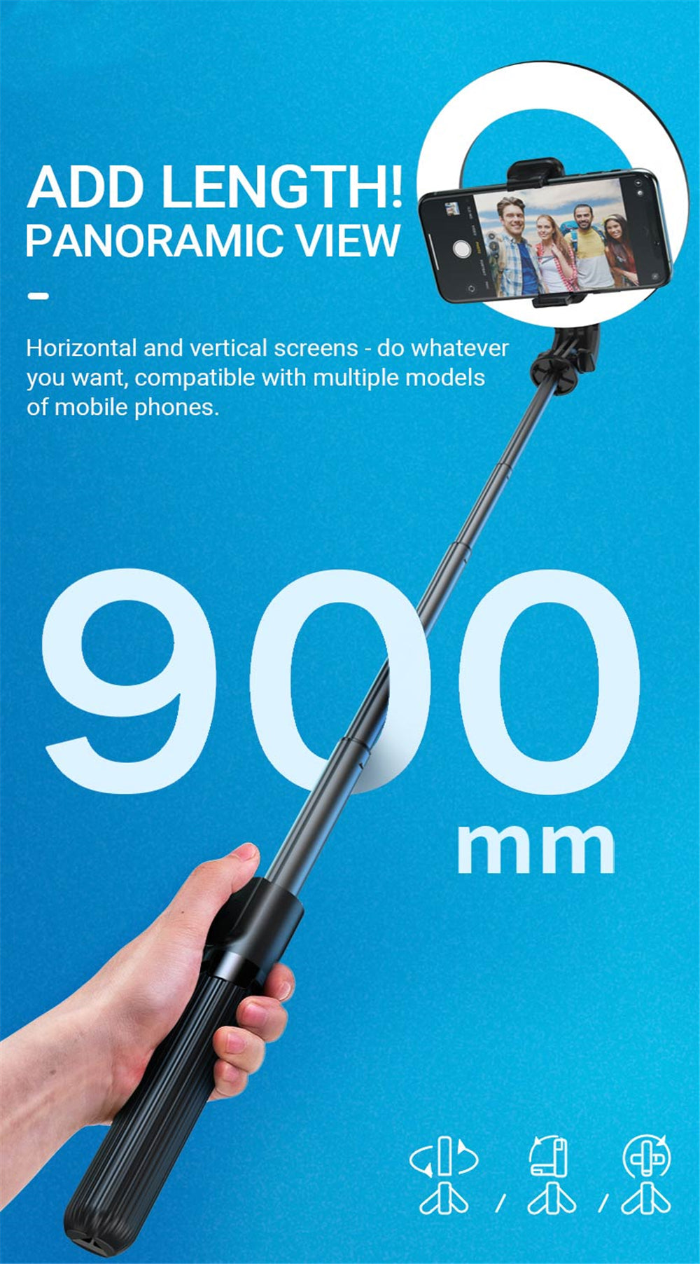 Trépied sans fil pour perche à selfie, support de téléphone avec anneau lumineux et télécommande Trépied sans fil pour perche à selfie, support de téléphone avec anneau lumineux et télécommande